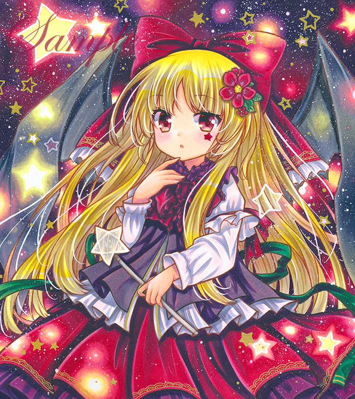 1girl, :o, bangs, bat_wings, blonde_hair, blouse, bow, cowboy_shot
