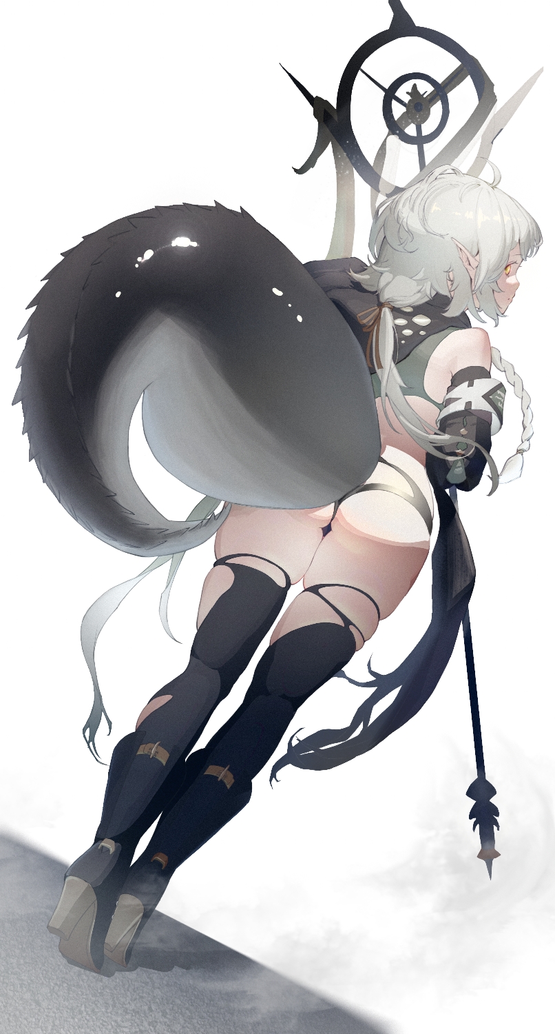 1girl, ahoge, arknights, ass, black_footwear, black_legwear, black_panties, boots, braid, crocodilian_tail, full_body, green_shirt, grey_hair, highres, holding, holding_staff, hood, hood_down, hoshimiya_kanata, long_hair, looking_at_viewer, looking_back, panties, pointy_ears, shirt, simple_background, solo, staff, thigh-highs, thighs, tomimi_(arknights), torn_clothes, underwear, white_background, yellow_eyes