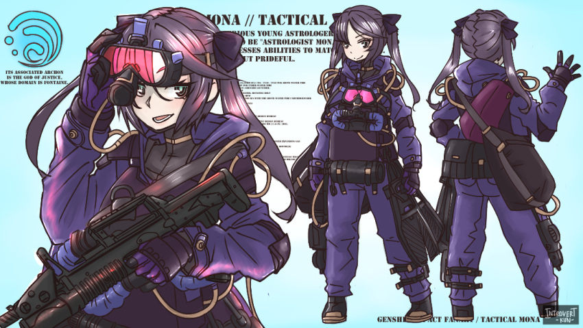 1girl, :d, adjusting_eyewear, alternate_costume, assault_rifle, bag, bangs, black_gloves