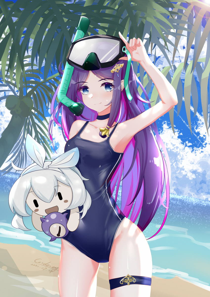 1girl, absurdres, armpits, beach, benghuai_xueyuan, blue_eyes, blue_sky, blue_swimsuit