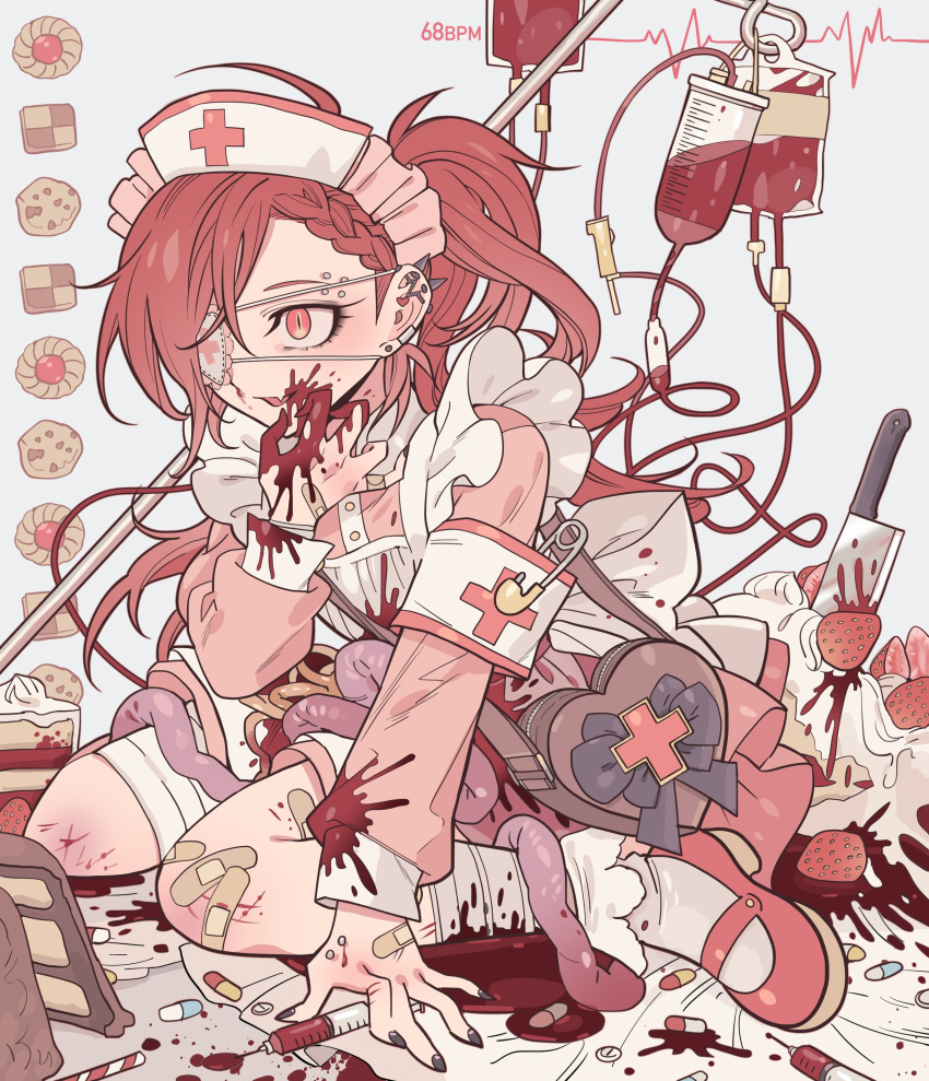 1girl, :d, absurdres, apron, armband, bandaged_leg, bandages, black_nails