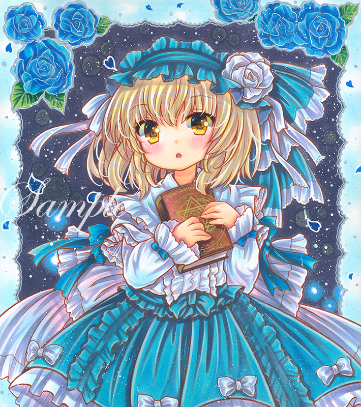 1girl, :o, alice_margatroid, alice_margatroid_(pc-98), bangs, blonde_hair, blue_bow, blue_flower