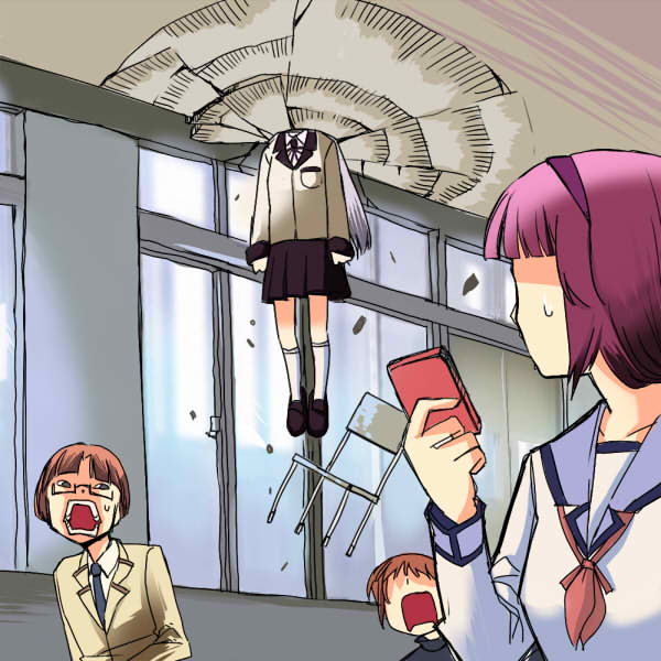 blazer, blue_hair, brown_hair, ceiling, chair, d:, debris, failure, glasses, hairband, hanging, kneehighs, long_hair, niyaururu, purple_hair, remote, rocket_chair, school_uniform, serafuku, skirt, socks, surprise, surprised, sweat, takeyama, takeyama_(angel_beats!), tachibana_kanade, yuri_(angel_beats!)