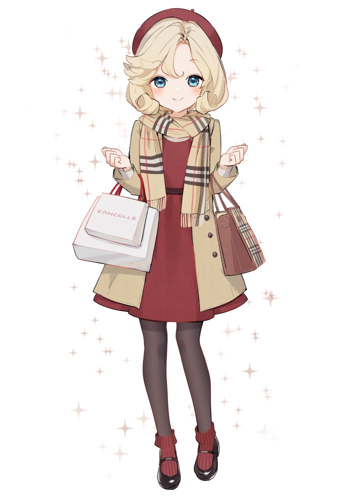 1girl, bag, beret, black_footwear, black_legwear, blonde_hair, blue_eyes, blush