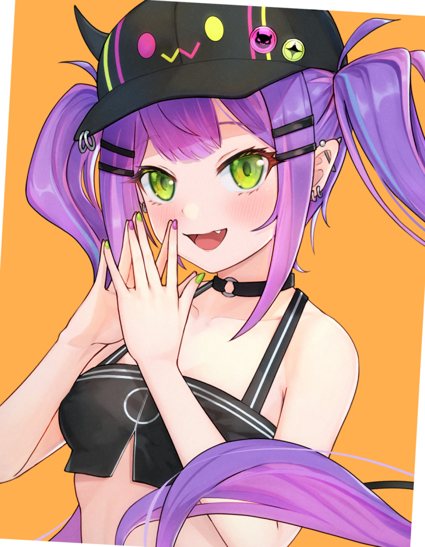 1girl, :d, bangs, black_choker, black_headwear, blush, breasts, choker