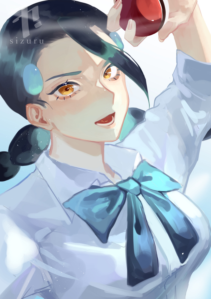 1girl, absurdres, aqua_bow, aqua_bowtie, arm_up, bangs, black_hair, bow