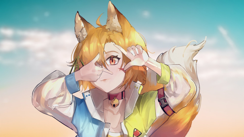 1girl, animal_ears, bangs, bell, blonde_hair, blue_jacket, cat_ears, cat_girl