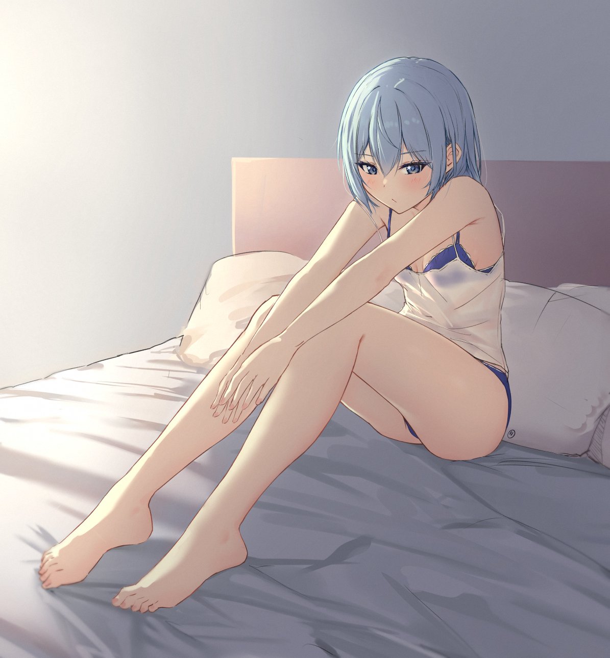 1girl, bare_legs, barefoot, bed, blue_bra, blue_eyes, blue_hair, blue_panties