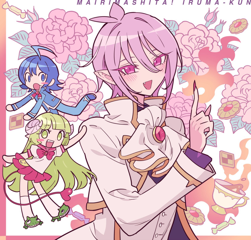 1girl, 2boys, :d, :o, ahoge, antenna_hair, ascot, asmodeus_alice
