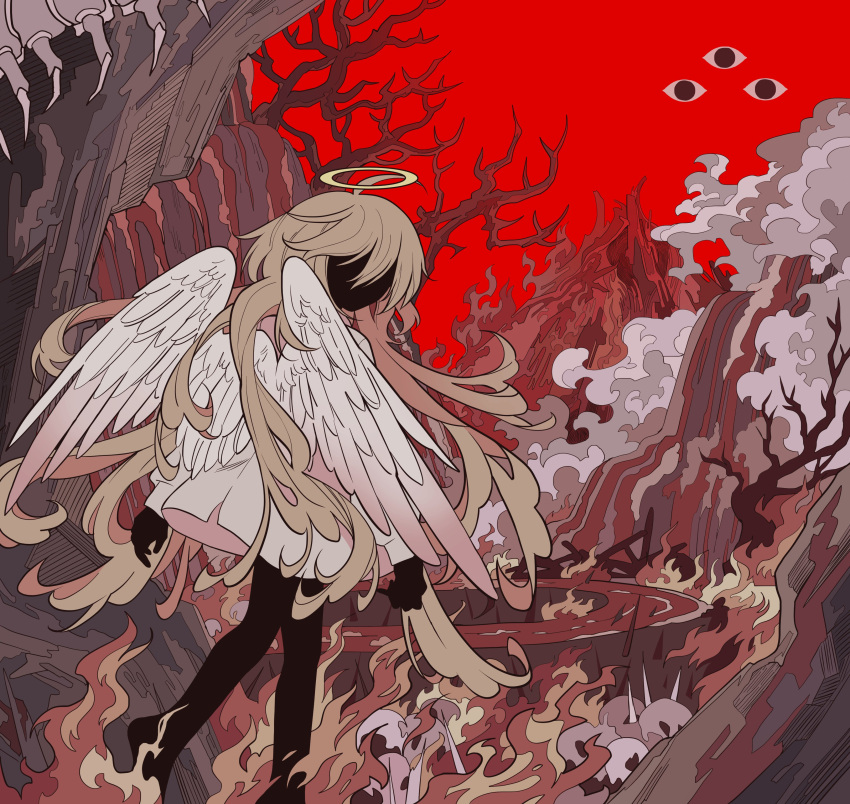 1other, absurdres, ahoge, angel_wings, bangs, bare_tree, black_skin, blonde_hair, bug, colored_skin, commentary, dated_commentary, dress, eyeball, faceless, facing_viewer, fire, halo, highres, long_hair, long_sleeves, meremero, millipede, mountain, original, puffy_long_sleeves, puffy_sleeves, red_sky, red_theme, road, sidelocks, sky, solo, tree, very_long_hair, white_dress, white_wings, wings