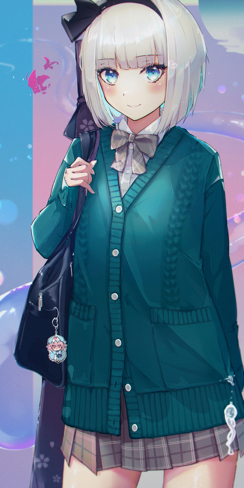 1girl, absurdres, alternate_costume, bag, black_bow, black_hairband, black_ribbon, blue_eyes