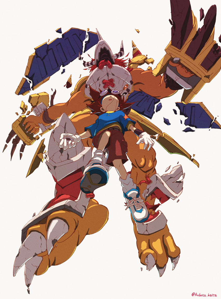 1boy, armor, blue_shirt, broken_armor, brown_hair, brown_shorts, claws, digimon, digimon_(creature), digimon_adventure, fingernails, full_body, gloves, goggles, goggles_on_head, grey_background, highres, horns, kubota_keita, open_mouth, sharp_fingernails, shirt, shoes, short_sleeves, shorts, simple_background, socks, torn_wings, twitter_username, wargreymon, white_footwear, white_gloves, wings, yagami_taichi