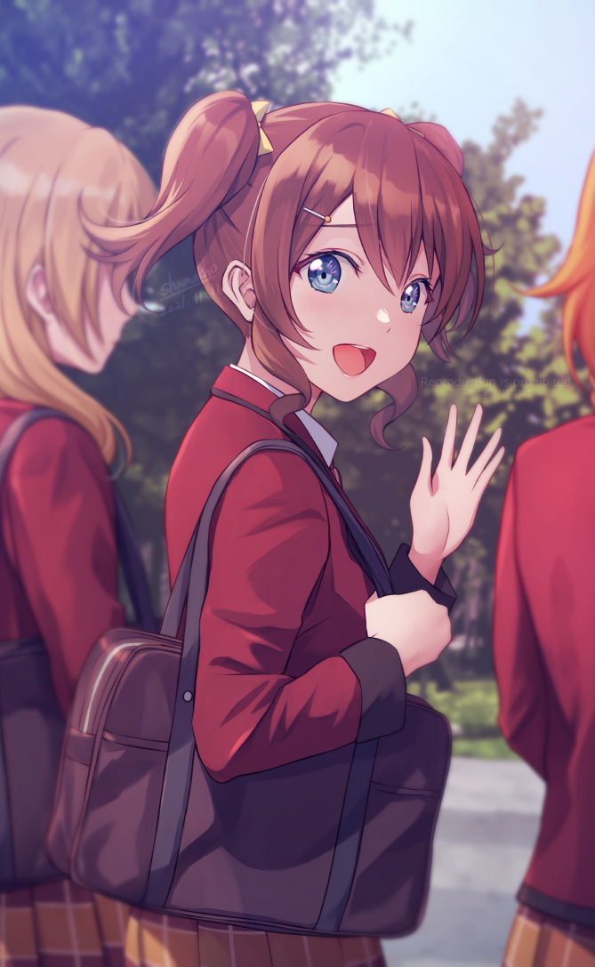 3girls, blazer, breasts, brown_hair, christina_(love_live!), hasekura_kasane, jacket, konoe_haruka
