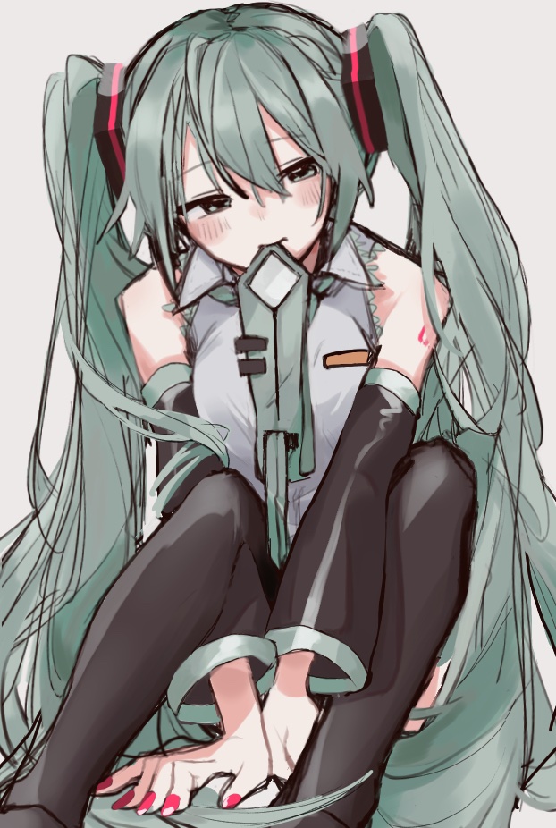 1girl, aqua_eyes, aqua_hair, aqua_necktie, arm_tattoo, bangs, bare_shoulders, black_footwear