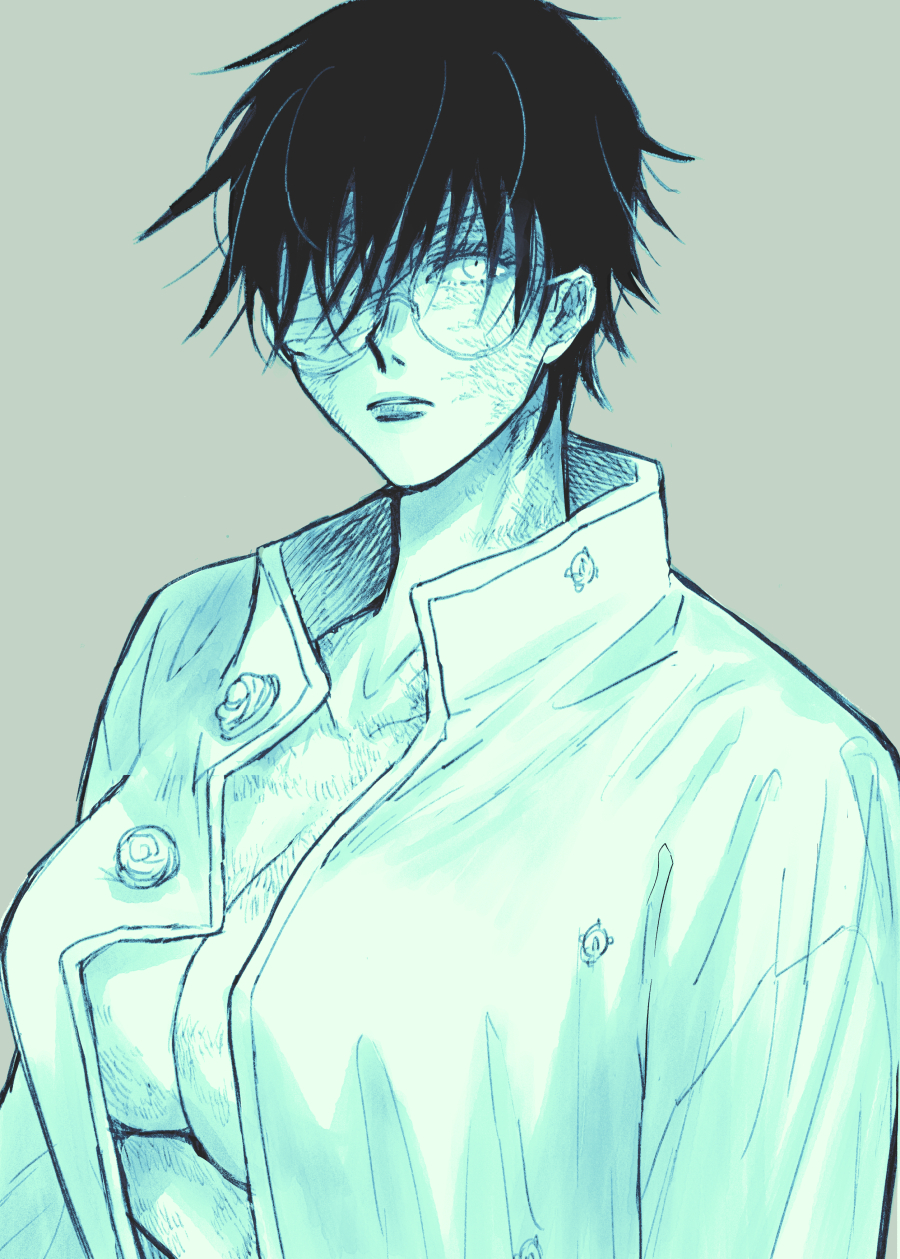1girl, bandages, black_hair, burn_scar, glasses, highres, jujutsu_kaisen, merushii_(raynyhigher), monochrome, one_eye_covered, open_clothes, open_shirt, round_eyewear, scar, shirt, short_hair, simple_background, spoilers, white_shirt, zen'in_maki