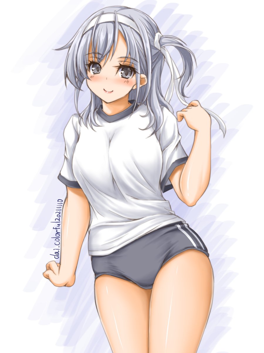 1girl, akimoto_dai, artist_name, buruma, commentary_request, cowboy_shot, dated, grey_buruma, grey_eyes, gym_shirt, gym_uniform, headband, highres, kantai_collection, long_hair, one-hour_drawing_challenge, one_side_up, shirt, silver_hair, solo, suzutsuki_(kancolle), t-shirt, white_headband, white_shirt