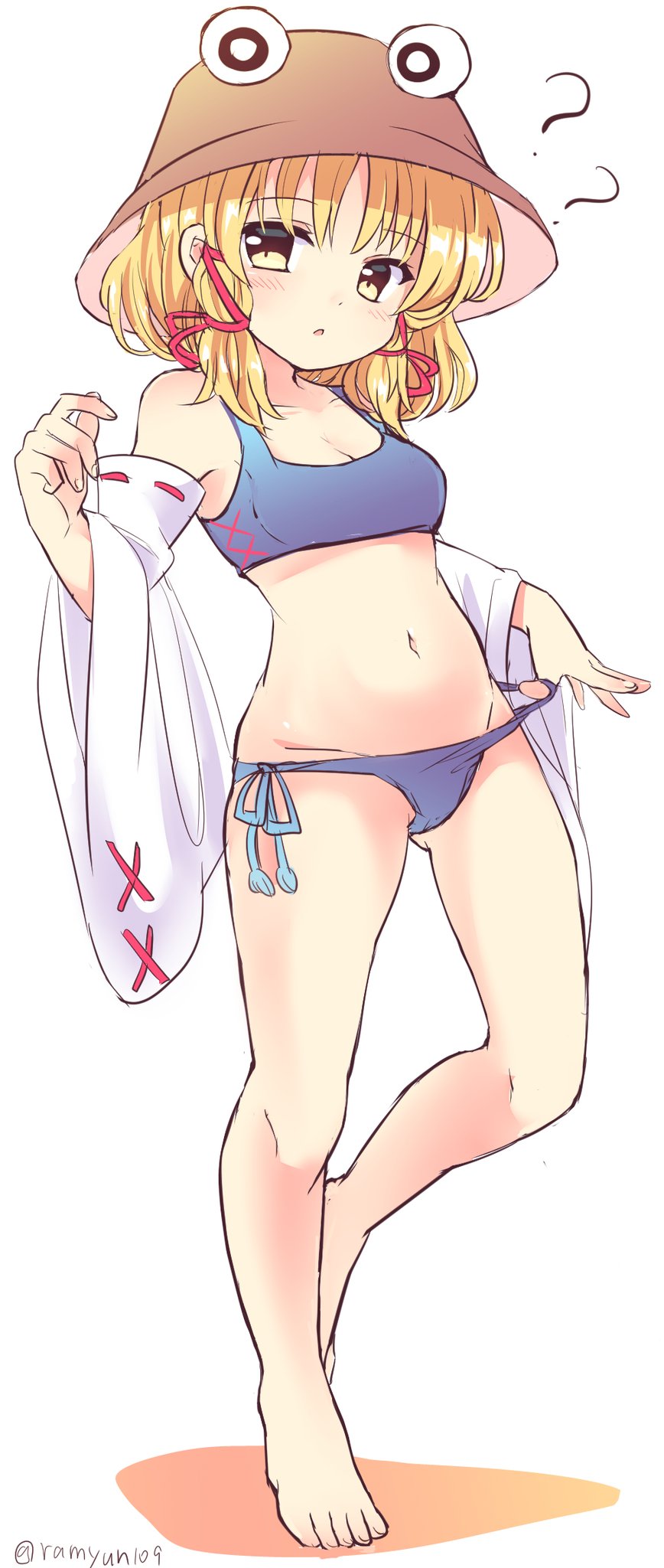 1girl, :o, ?, ??, bangs, barefoot, blonde_hair, blush