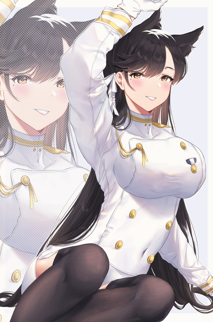 1girl, animal_ear_fluff, arm_up, atago_(azur_lane), azur_lane, breasts, brown_hair, brown_legwear