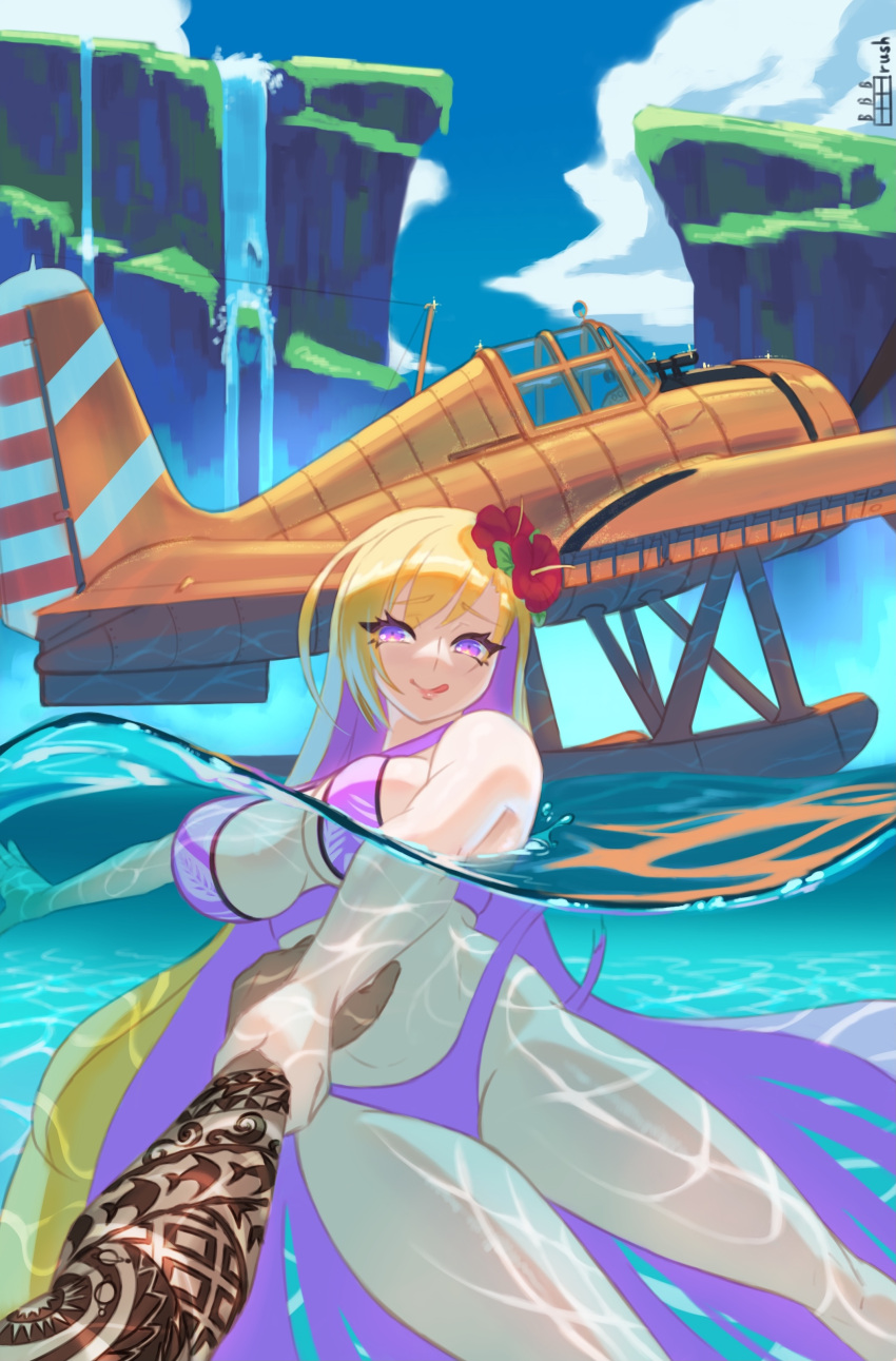 :p, absurdres, arm_grab, artist_name, bbbrush, bikini, blonde_hair, blue_sky