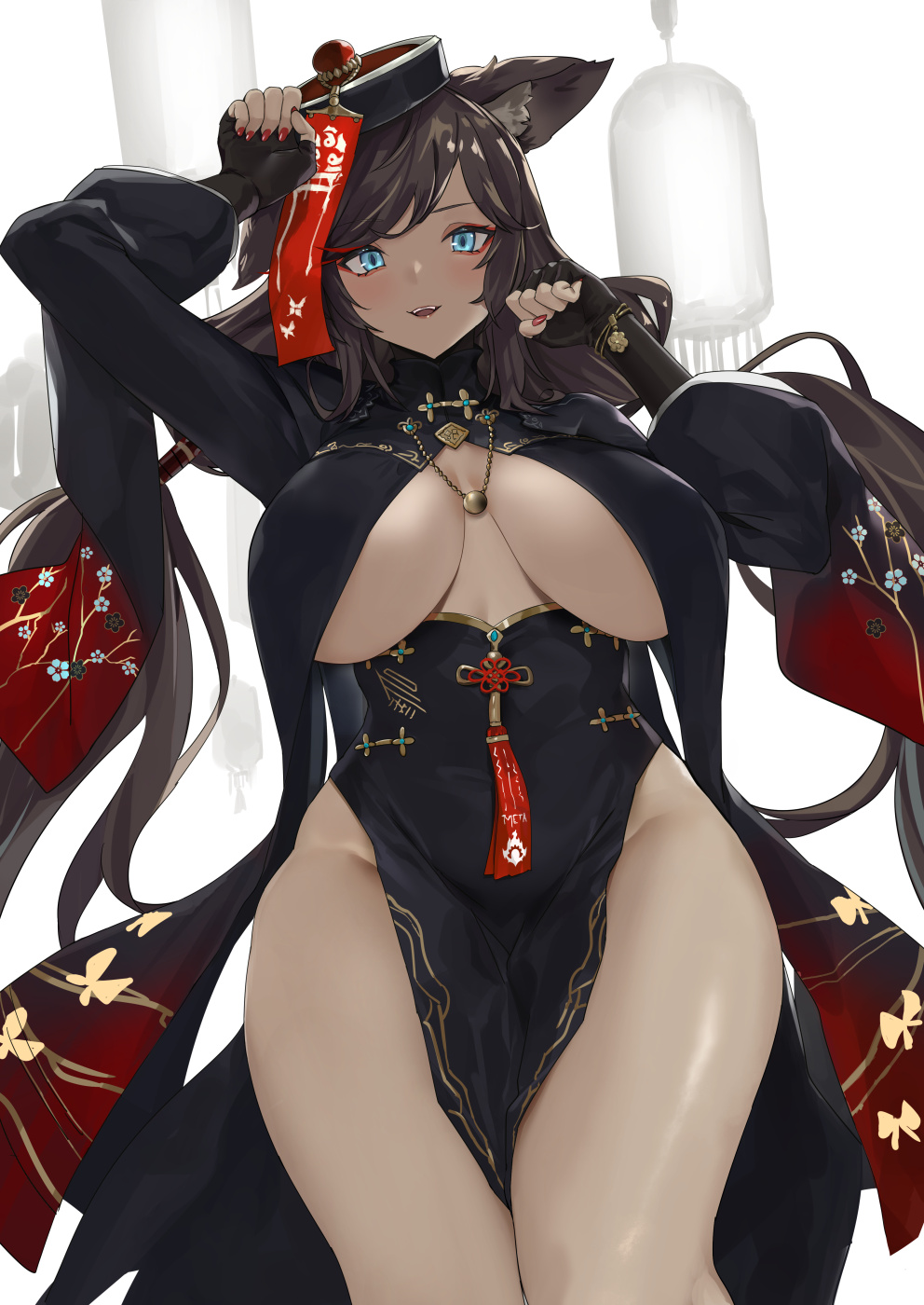 1girl, alternate_costume, animal_ear_fluff, animal_ears, azur_lane, black_dress, black_gloves, black_headwear, blue_eyes, blzchaos, breast_curtains, breasts, brown_hair, cat_ears, dress, fingerless_gloves, from_below, fusou_(azur_lane), fusou_(meta)_(azur_lane), gloves, gold_trim, highres, large_breasts, long_hair, looking_at_viewer, nail_polish, no_panties, pelvic_curtain, red_nails, solo, standing, under_boob, very_long_hair