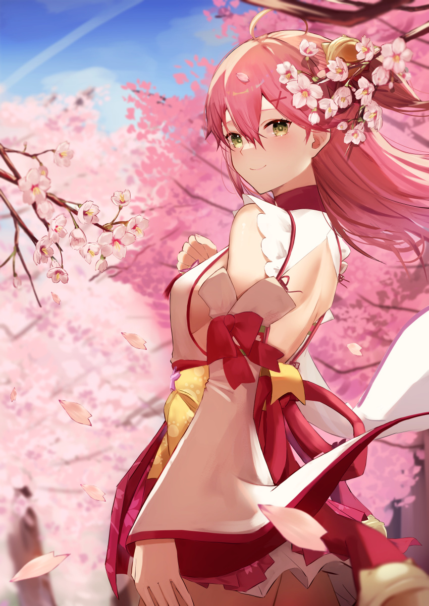 1girl, absurdres, ahoge, asymmetrical_hair, back, backless_outfit, bell, blue_sky
