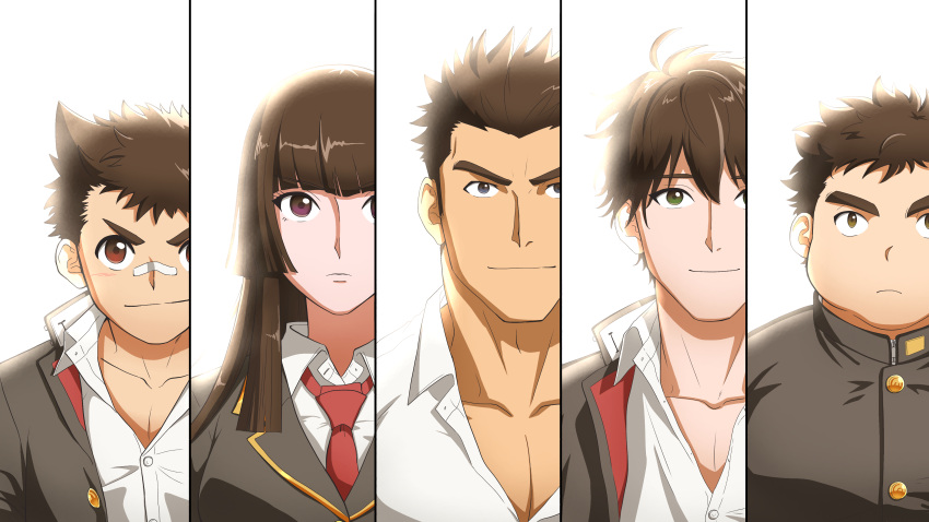 1girl, 4girls, absurdres, backlighting, bandaid, bandaid_on_nose, blush, breasts, brown_eyes, brown_hair, coilared_shirt, expressionless, fle0423, gakuran, hair_ears, highres, large_pectorals, long_hair, master_1_(housamo), master_2_(housamo), master_3_(housamo), master_4_(housamo), master_5_(housamo), medium_breasts, multiple_girls, muscular, muscular_male, necktie, partially_unbuttoned, pectoral_cleavage, pectorals, plump, school_uniform, short_hair, sideburns, smile, thick_eyebrows, tokyo_afterschool_summoners, upper_body
