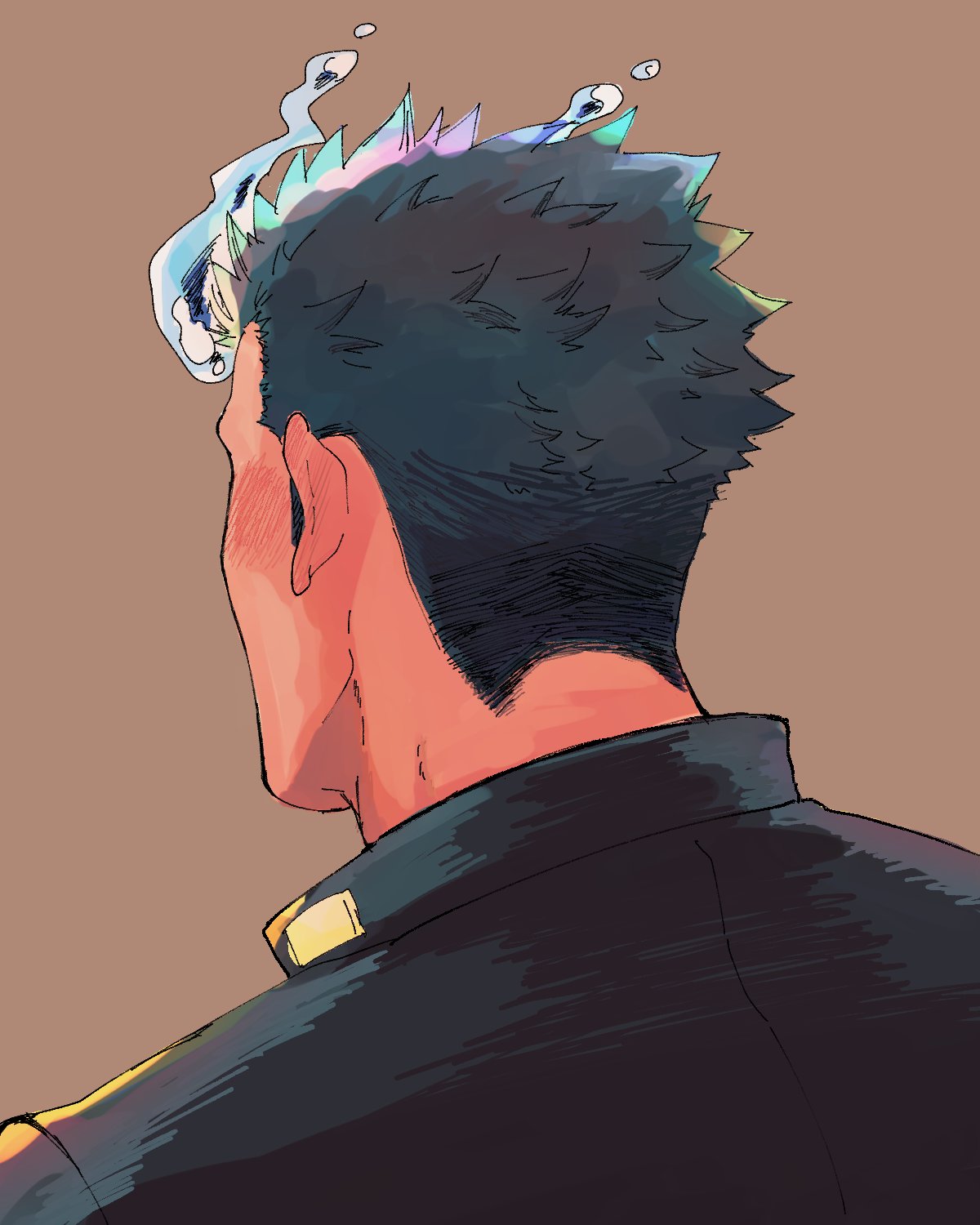 1boy, blue_hair, blush, collared_jacket, embarrassed, fiery_hair, fle0423, from_behind
