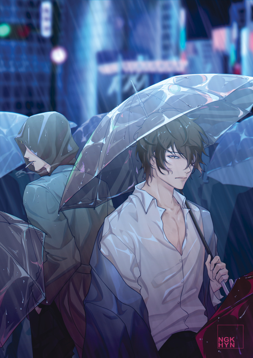 2boys, absurdres, artist_name, blurry, blurry_background, brown_eyes, city, crowd