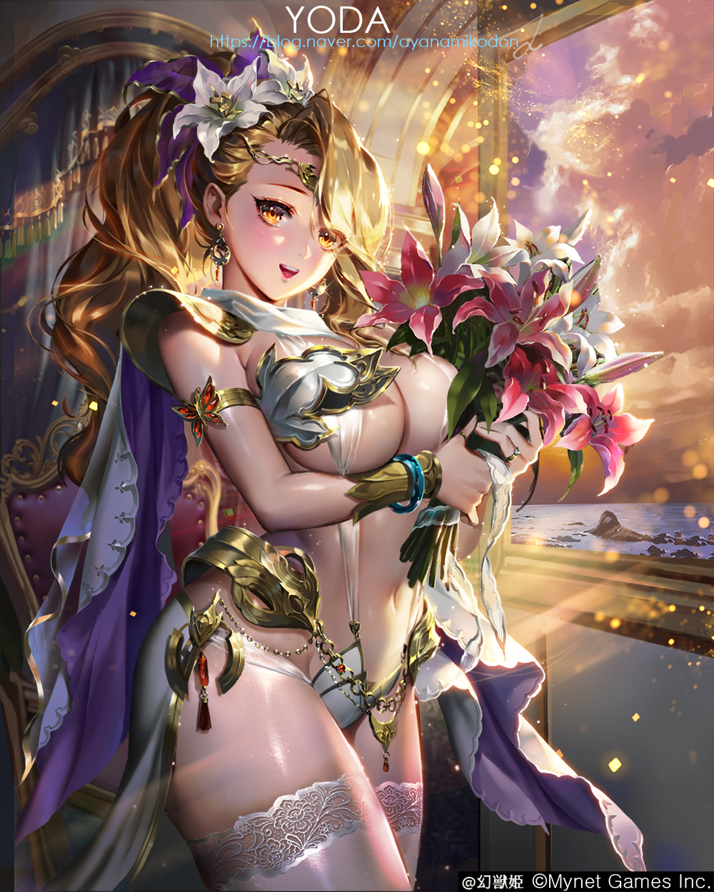 1girl, armchair, armlet, armor, artist_name, bangs, bikini_armor, blonde_hair