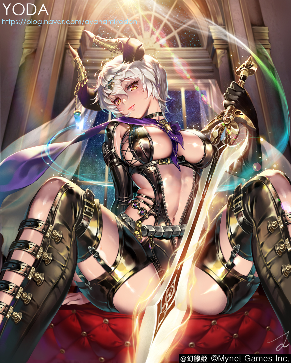 1girl, arch, arm_support, armor, artist_name, bangs, bed_sheet, belt_boots