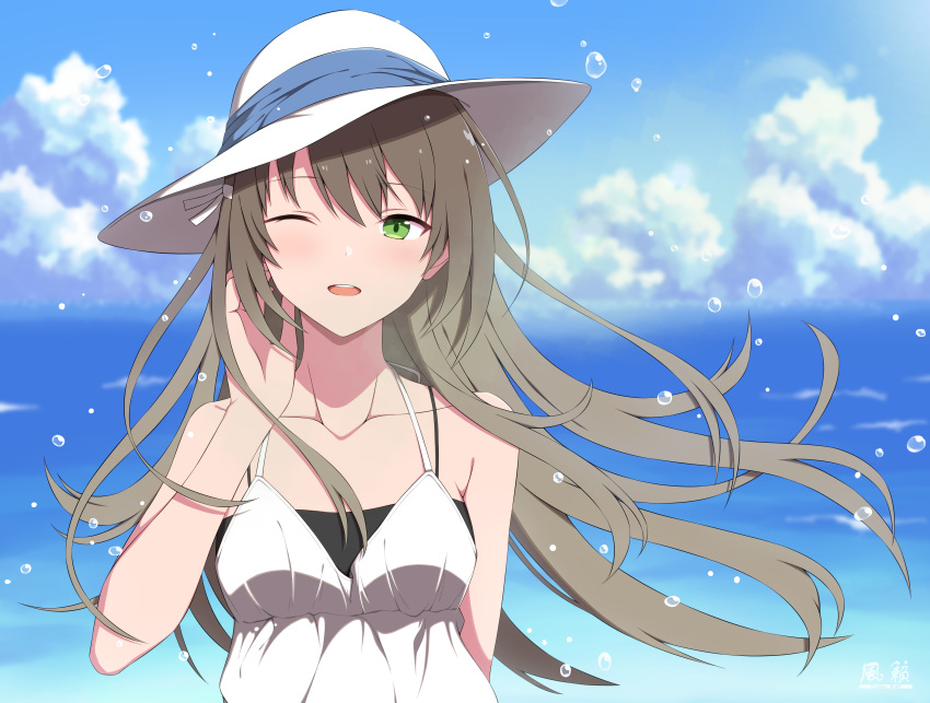 1girl, absurdres, brown_hair, day, dress, furai_art, green_eyes, hat