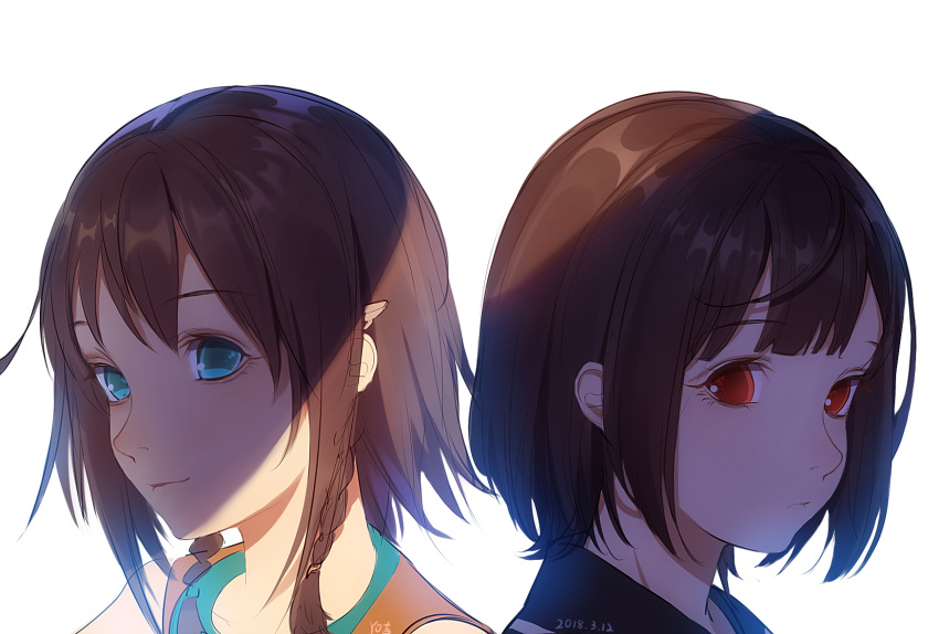 2girls, a.i.c.o._incarnation, amy_(suisei_no_gargantia), braid, brown_hair, closed_mouth, crossover, green_eyes