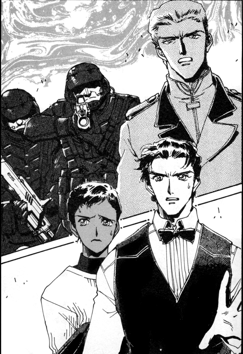 1girl, 4boys, bow, bowtie, collared_shirt, cynthia_graves, dark-skinned_female, dark_skin, english_commentary, greyscale, gun, gundam, gundam_g-saviour, headset, helmet, highres, holding, holding_gun, holding_weapon, jack_halle, looking_at_viewer, mark_curran, monochrome, multiple_boys, novel_illustration, official_art, open_hand, open_mouth, scan, shirt, soldier, suzuki_masahisa, sweatdrop, third-party_source, v-shaped_eyebrows, vest, weapon