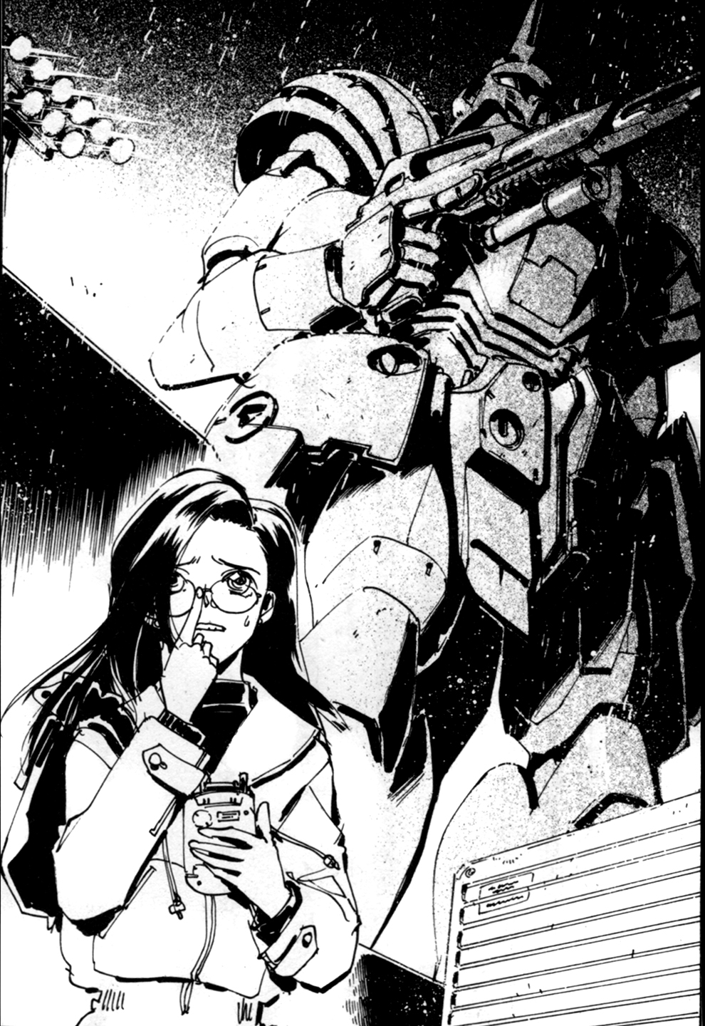1girl, bugu, english_commentary, finger_to_eyewear, glasses, greyscale, gun, gundam