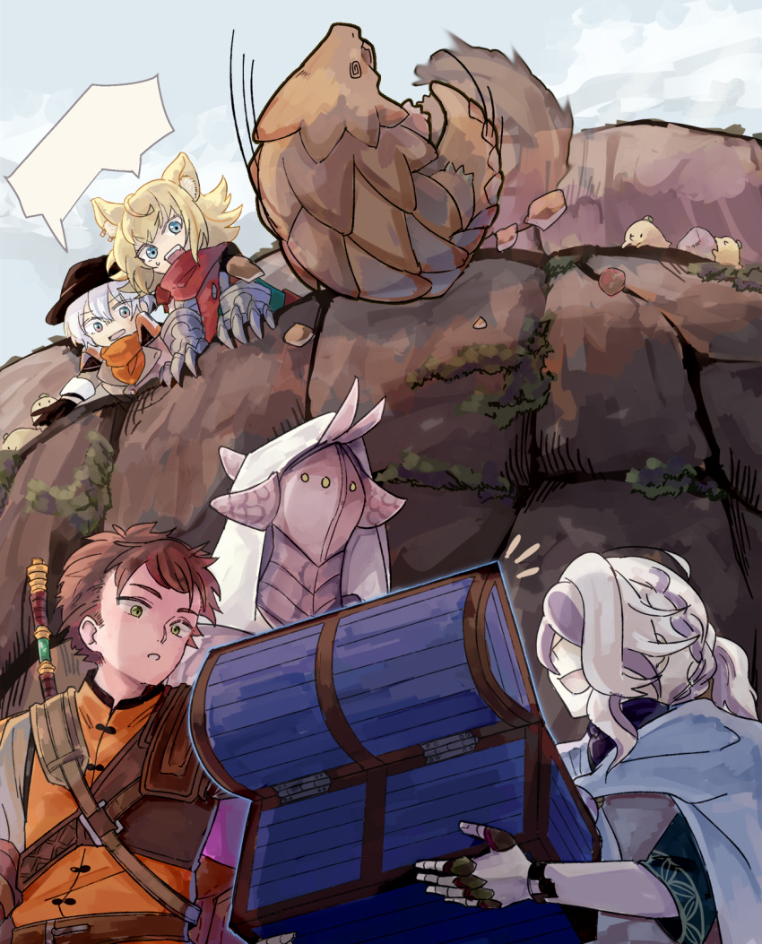 1girl, 2boys, 2others, ahoge, animal_ears, armadillo, bird, black_headwear