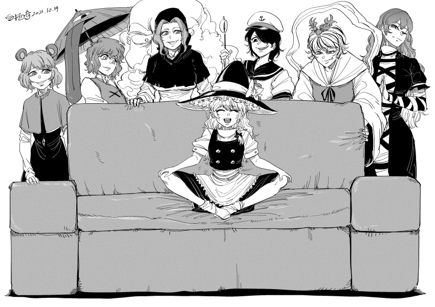 1boy, 6+girls, :p, absurdres, anchor_symbol, animal_ears, apron, artist_request