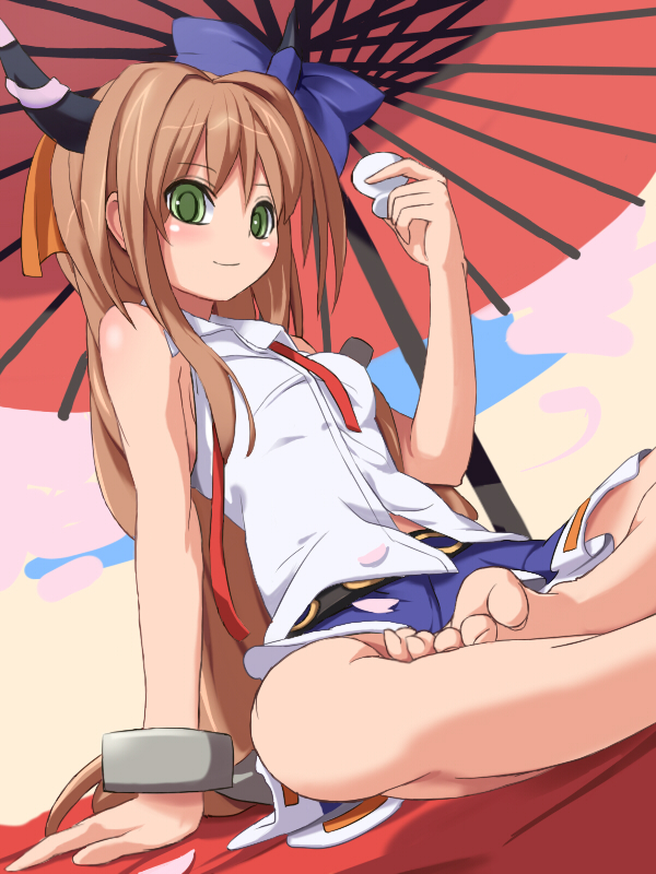 bow, brown_hair, crossed_legs, dutch_angle, feet, green_eyes, hair_bow, horns