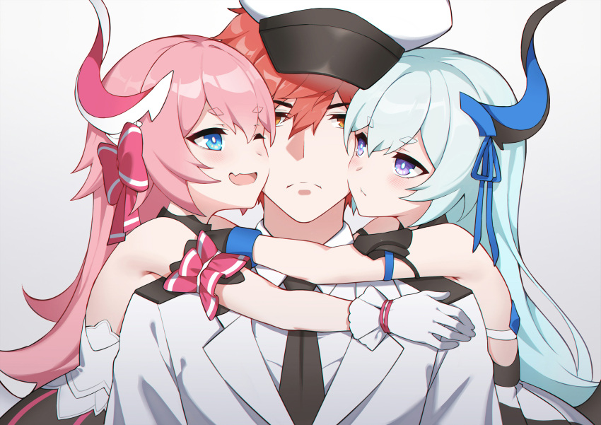 1boy, 2girls, blue_eyes, blue_hair, blush, captain_(honkai_impact), cheek-to-cheek, closed_mouth