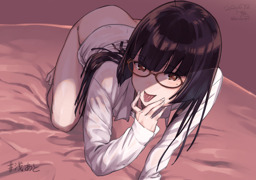 1girl, absurdres, all_fours, asase_yuugi, ass, bangs, barefoot, black_hair