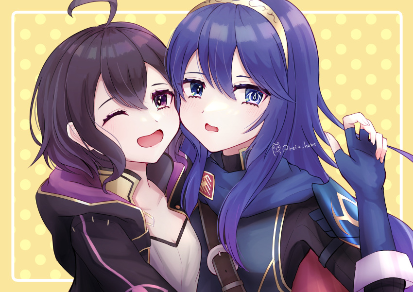 2girls, absurdres, ahoge, bangs, blue_eyes, blue_hair, blush, cape