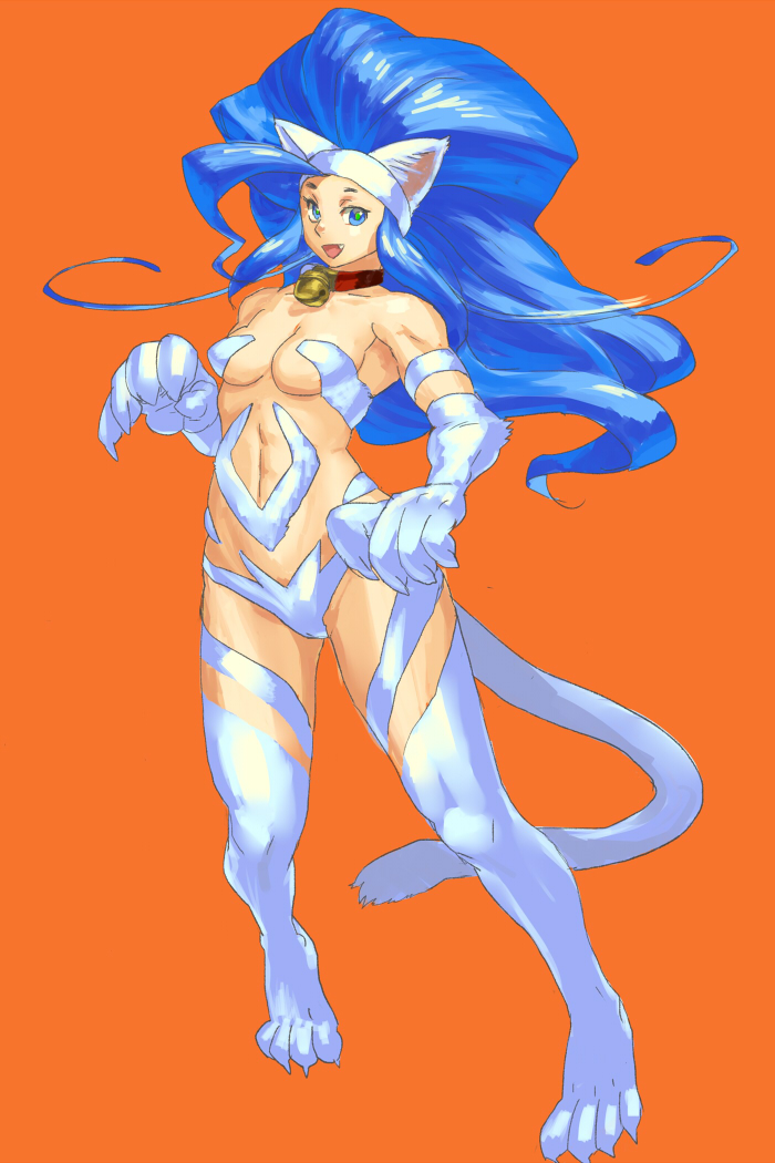 1girl, :d, animal_ears, animal_feet, animal_hands, bare_shoulders, bell, big_hair