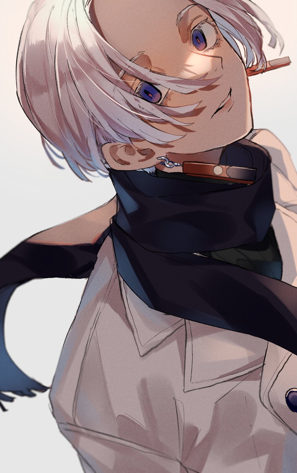 1boy, black_neckwear, black_scarf, bo_1125, earrings, forehead, highres, jacket