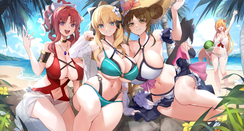 5girls, ahoge, akino_(princess_connect!), animal_ear_fluff, animal_ears, bangs, bare_shoulders, bikini