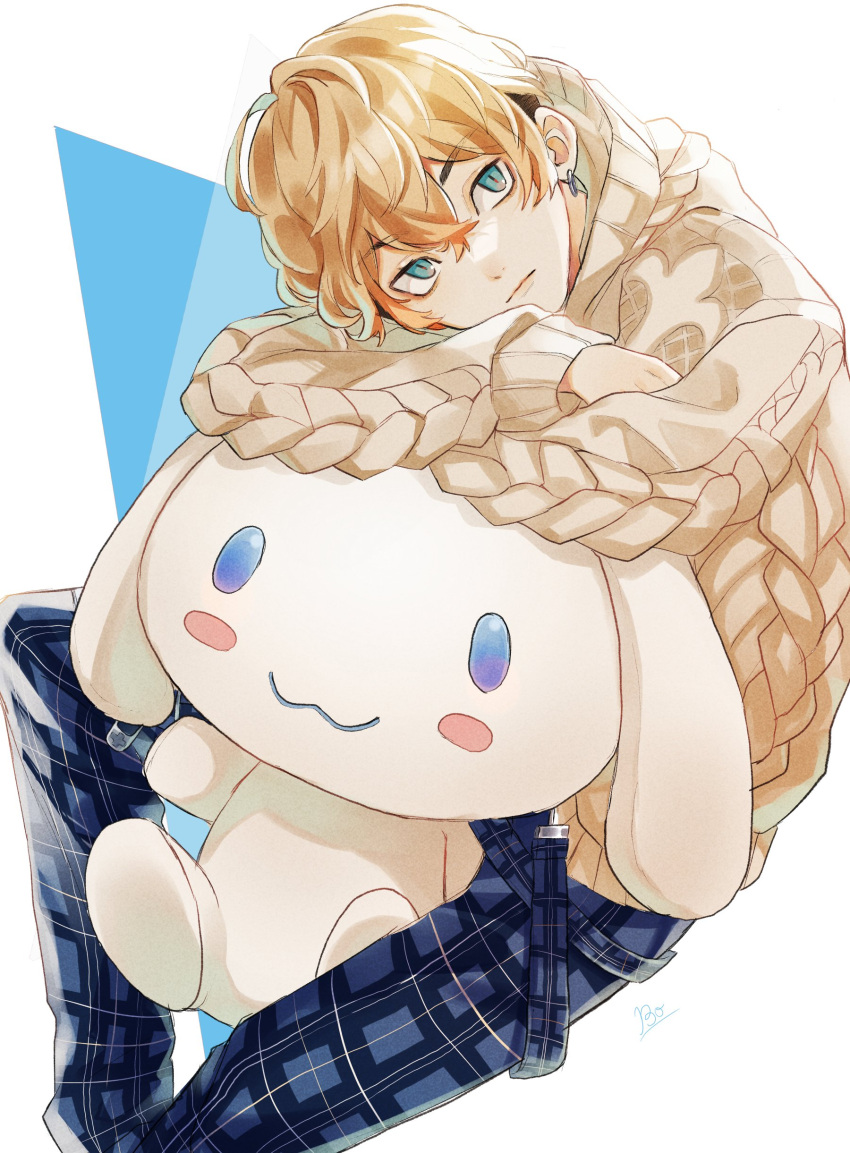 1boy, absurdres, bangs, black_hair, blonde_hair, blue_eyes, blue_pants, bo_1125, cinnamoroll, closed_mouth, earrings, feet_out_of_frame, hair_between_eyes, highres, jewelry, long_sleeves, looking_at_viewer, male_focus, matsuno_chifuyu, pants, sanrio, short_hair, single_earring, sitting, solo, stuffed_animal, stuffed_toy, sweater, tokyo_revengers, undercut, white_background, white_sweater