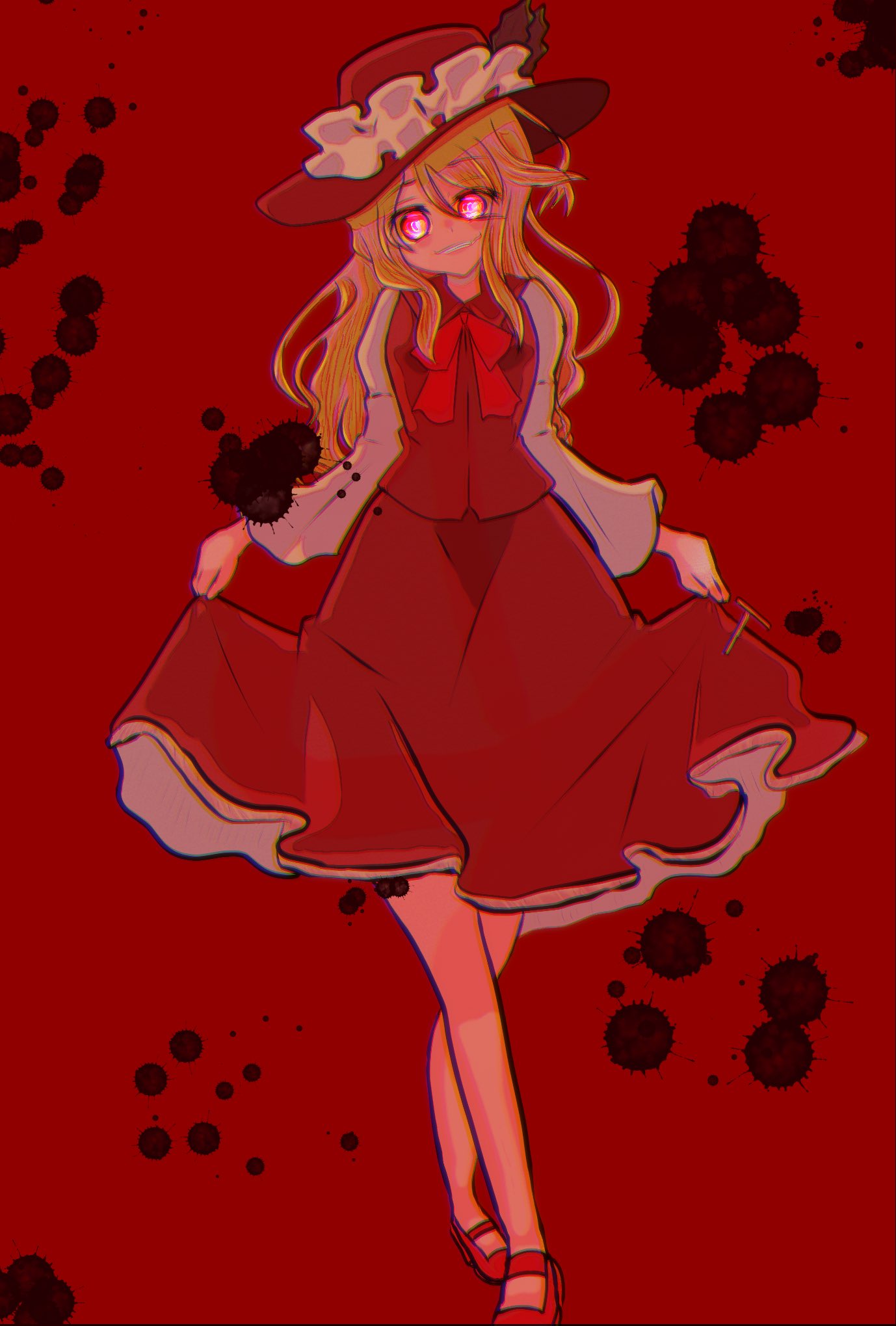 1girl, blonde_hair, bone_vone, bow, brown_headwear, brown_skirt, brown_vest, extra, eyebrows_visible_through_hair, feet_out_of_frame, flower, frilled_hat, frills, hat, hat_feather, highres, holding, holding_clothes, holding_skirt, jacket_girl_(dipp), long_hair, long_sleeves, looking_at_viewer, no_socks, red_bow, red_eyes, red_flower, red_neckwear, shirt, skirt, touhou, very_long_hair, vest, wavy_hair, white_shirt