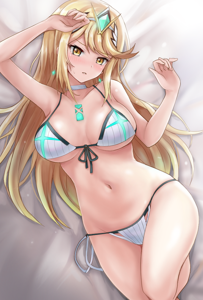 1girl, bikini, blonde_hair, blush, breasts, chest_jewel, earrings, jewelry