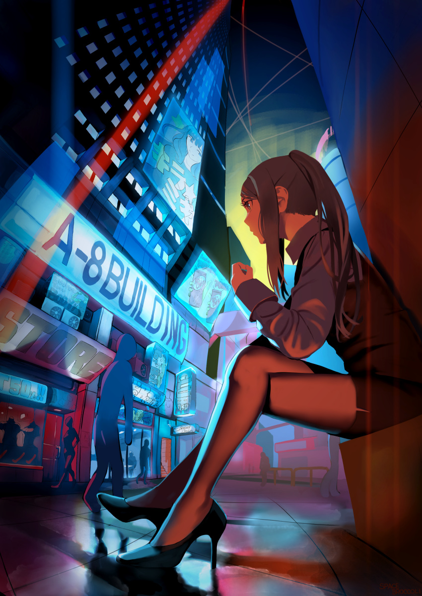 1girl, 6+others, absurdres, ad, billboard, city, cyberpunk, english_text