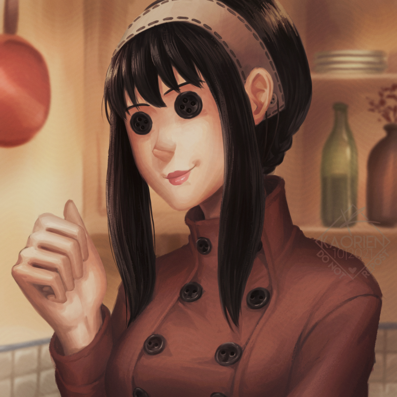 1girl, artist_logo, artist_name, bangs, black_hair, bottle, button_eyes, buttons