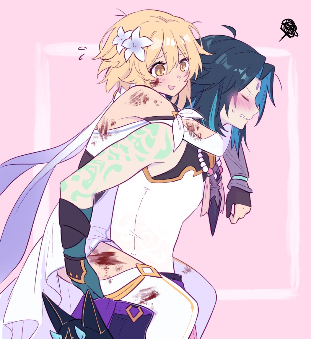 1boy, 1girl, arm_tattoo, bangs, bead_necklace, beads, black_hair, blonde_hair