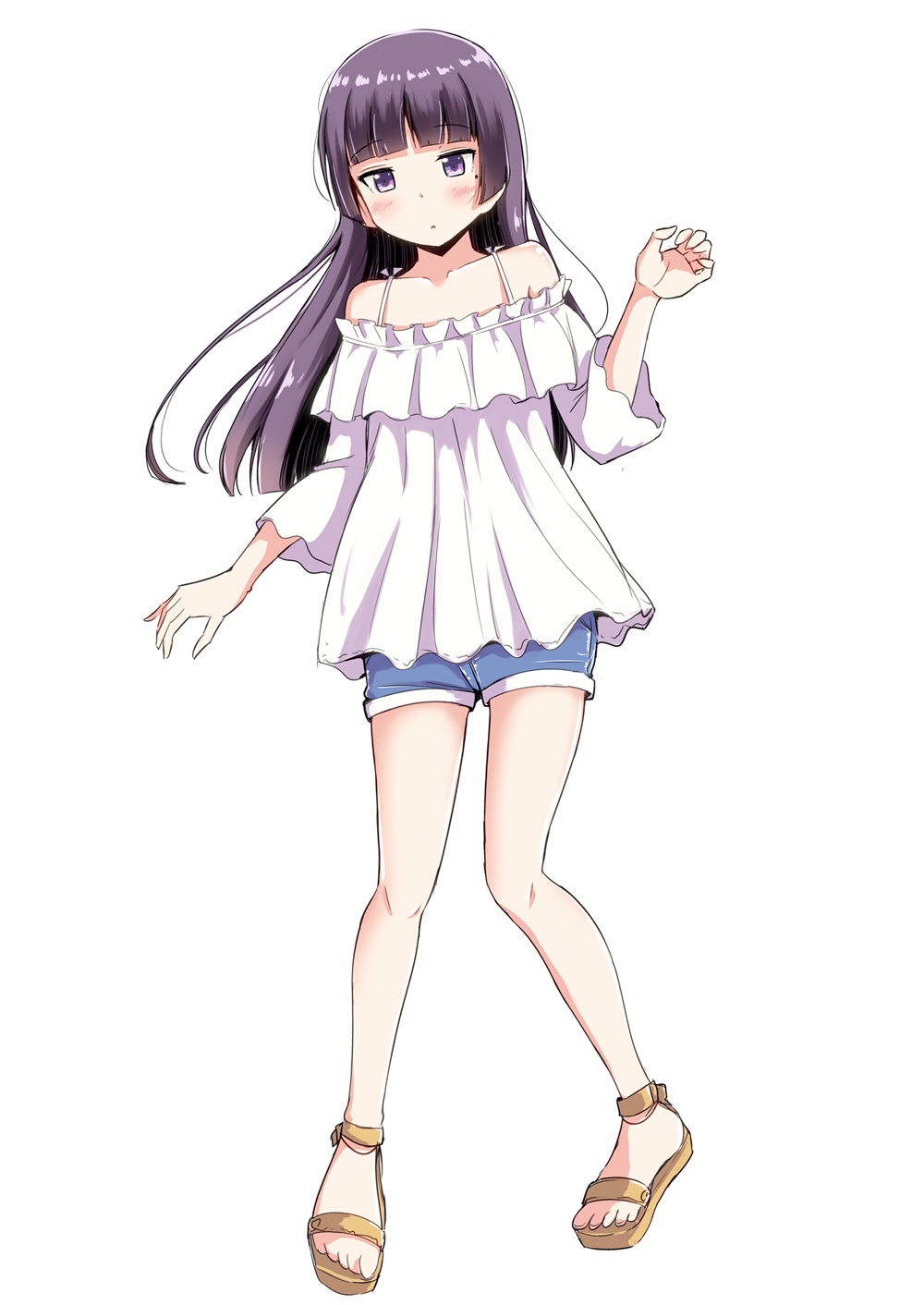 1girl, alternate_costume, bangs, black_hair, blouse, blue_shorts, blunt_bangs, casual